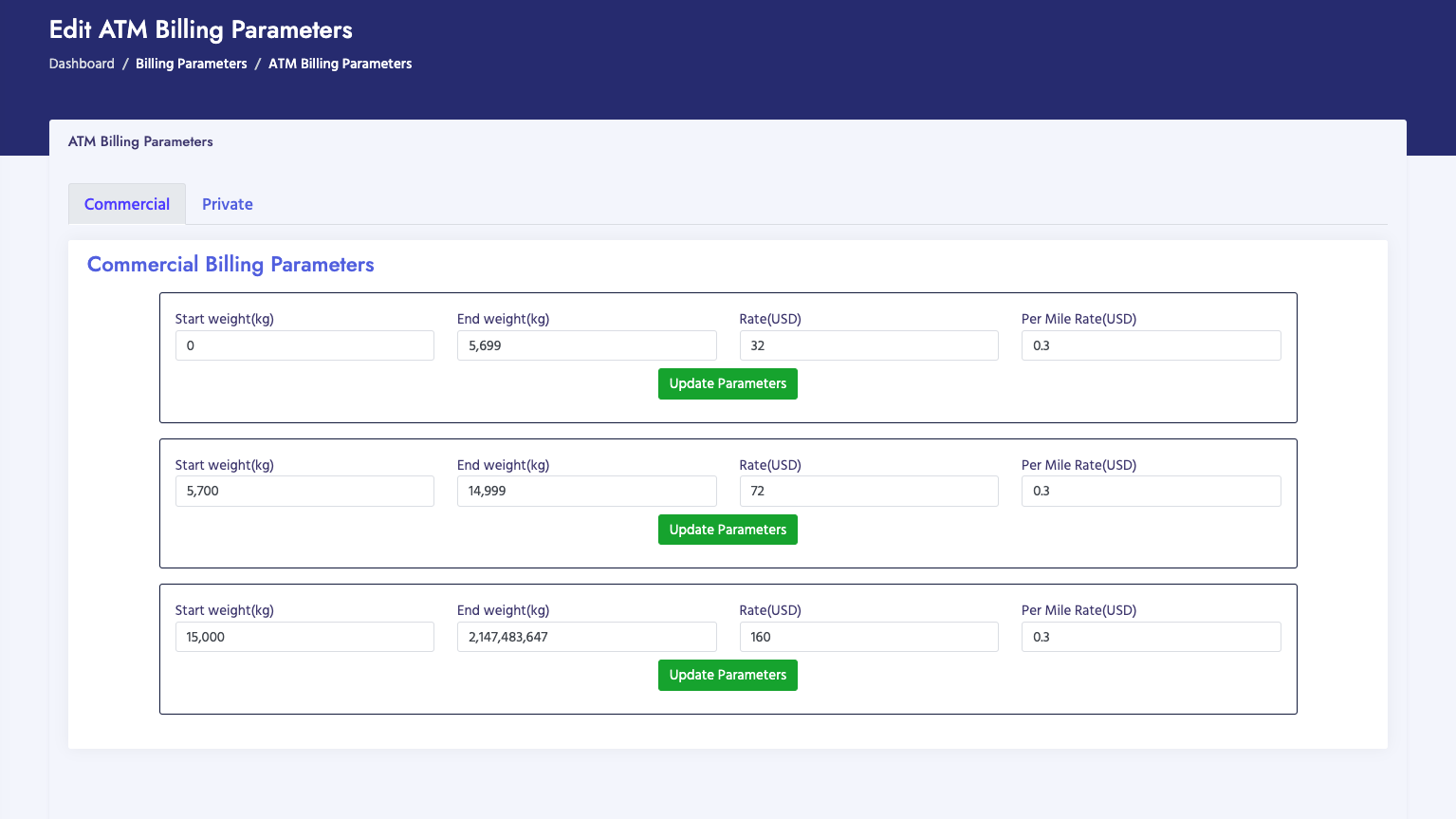 AIRNAV Billing Parameters