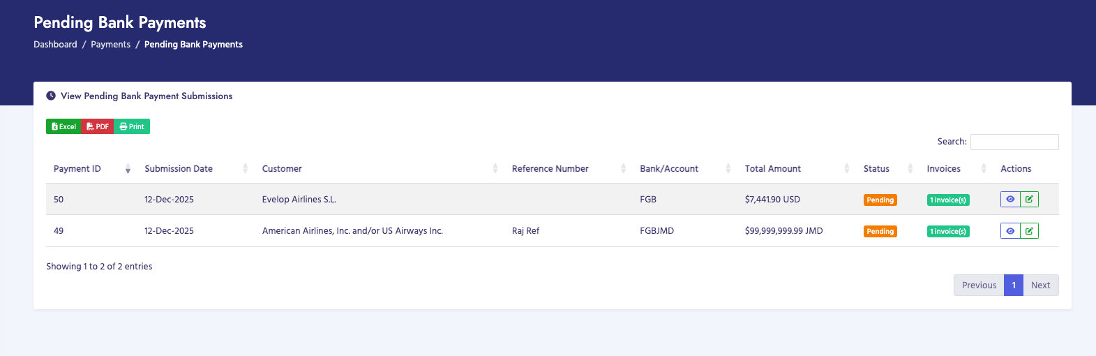 Pending Bank Payments