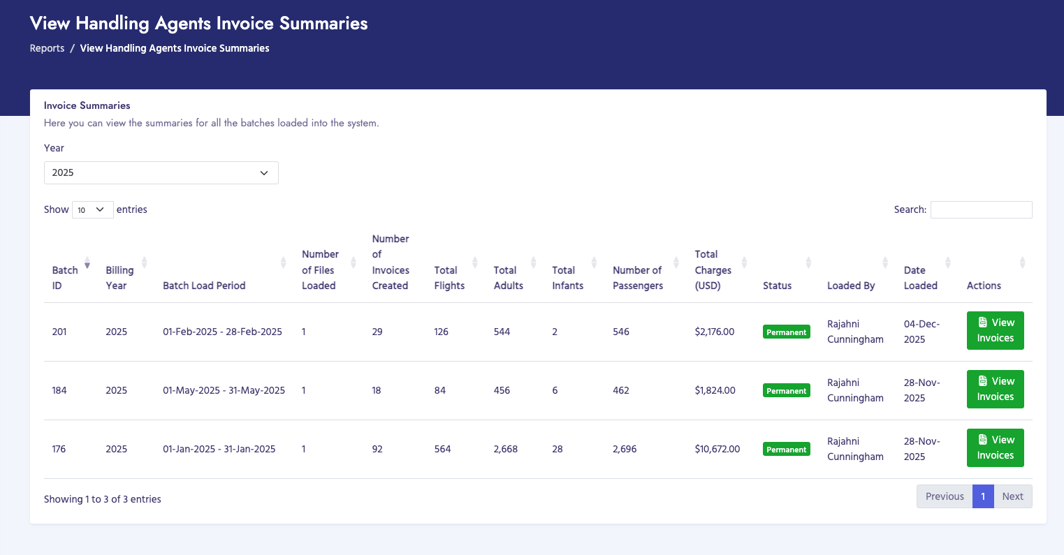 View Handling Agent Invoice Summaries