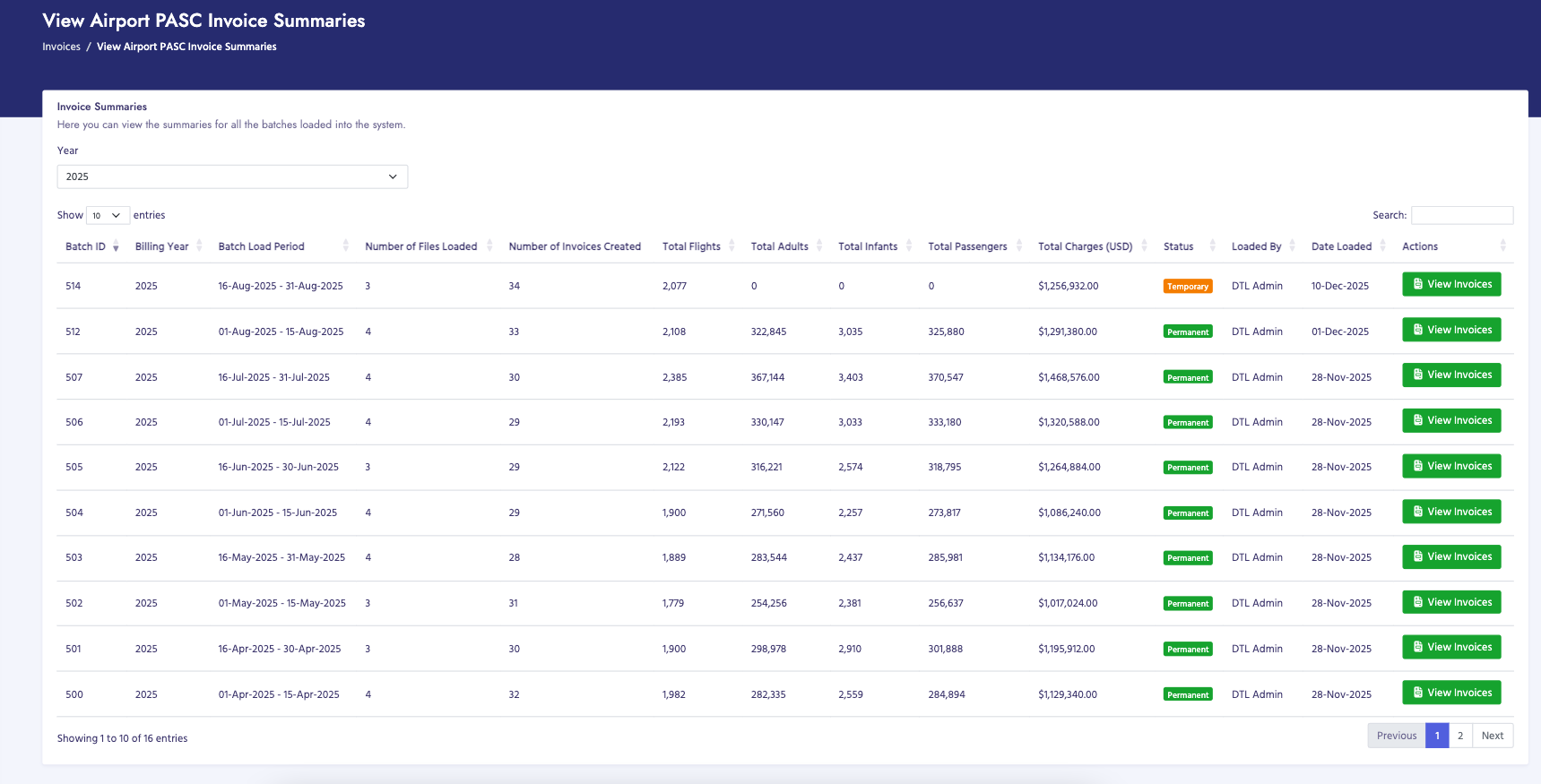View PASC Invoice Summaries